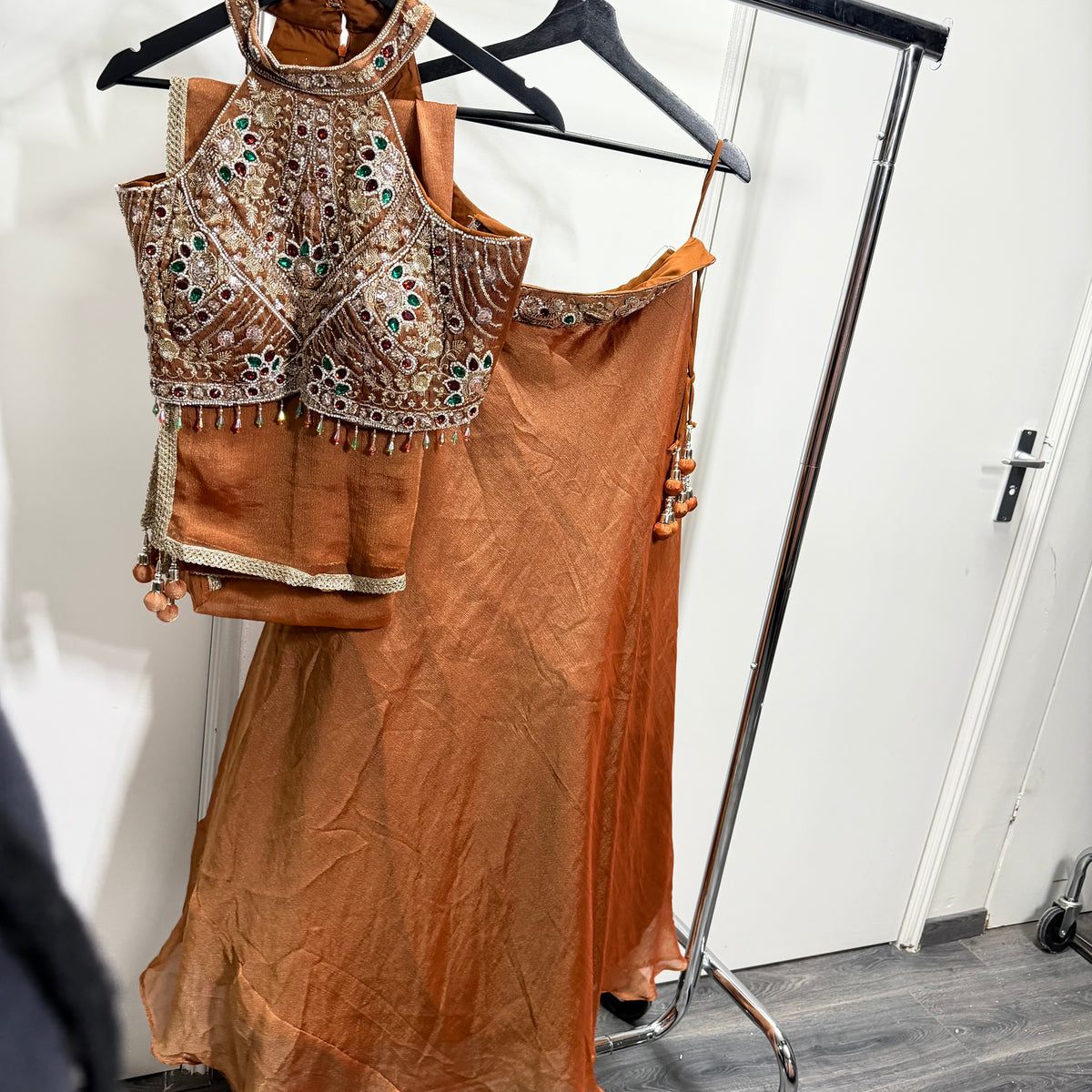 Aarohi Copper Lehenga met Embellished Halter Blouse
