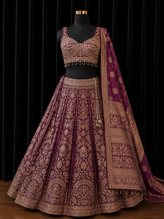 Wine Purple Luxe Party Wear Lehenga met Gouden Details Banarasi look