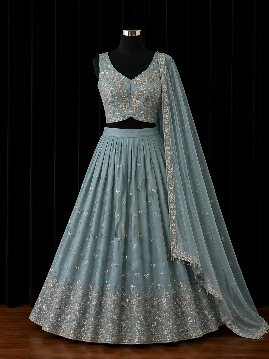 Dusty Blue Embroidered Party Wear Lehenga