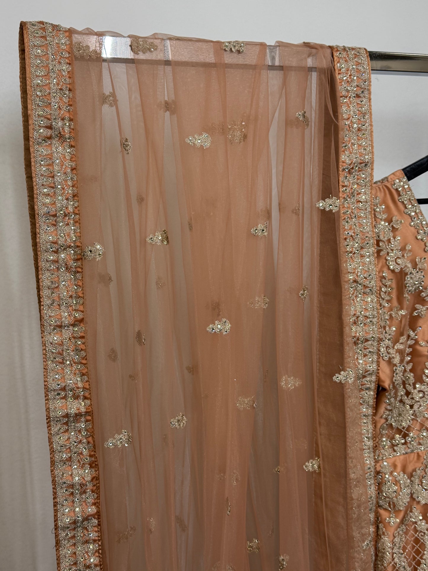 Perzik Anarkali met Goud Borduurwerk & Net Dupatta