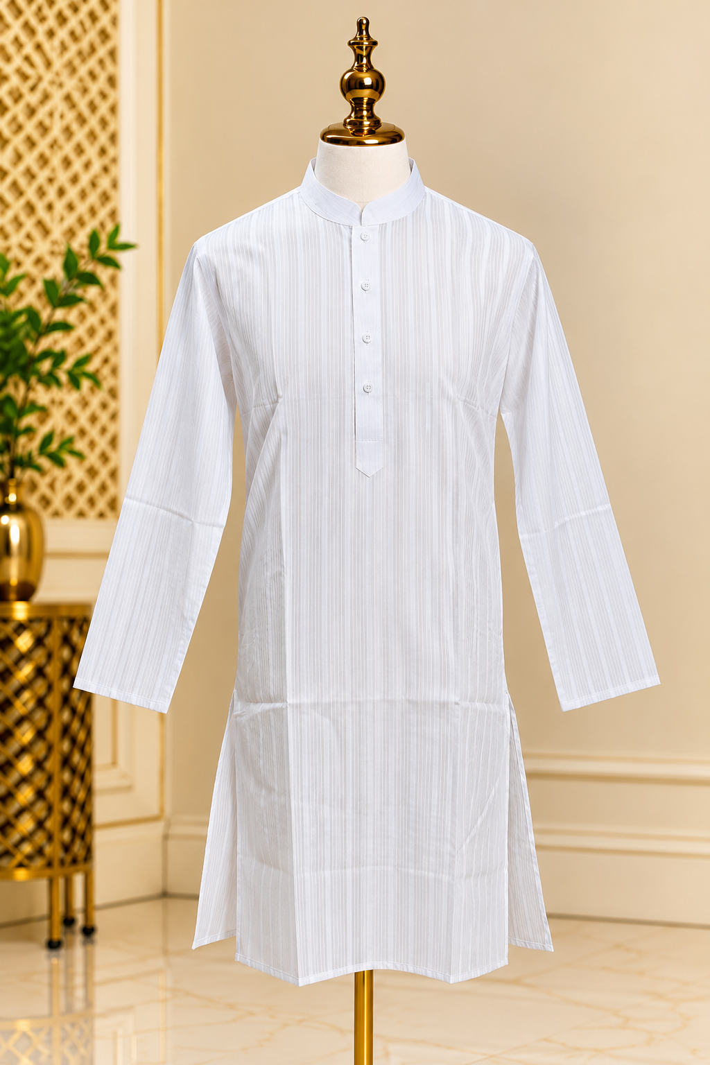 Pure White Striped – White Kurta Pajama Set for Men