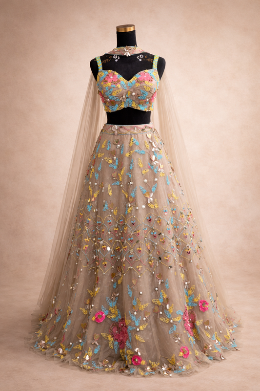 3D Butterfly Lehenga Nude – Luxe Designer Outfit met Dupatta