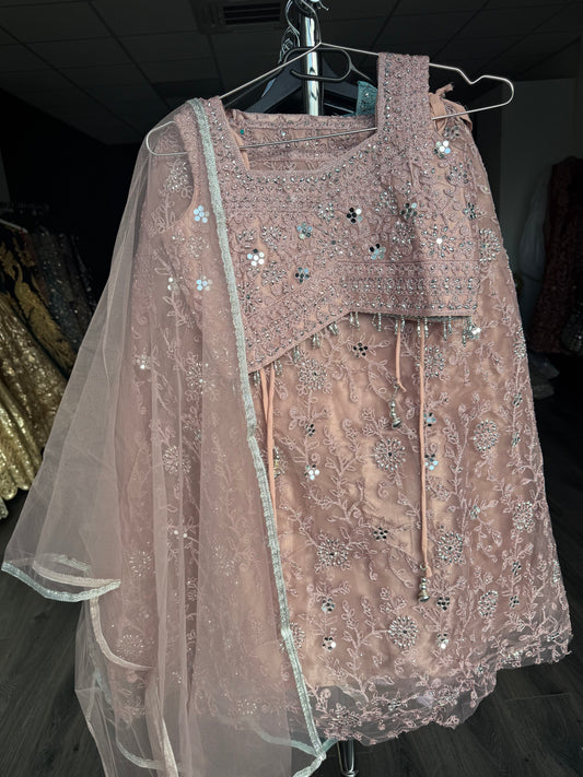 Meisjes Lehenga – Turquoise & Oudroze met Spiegelborduurwerk