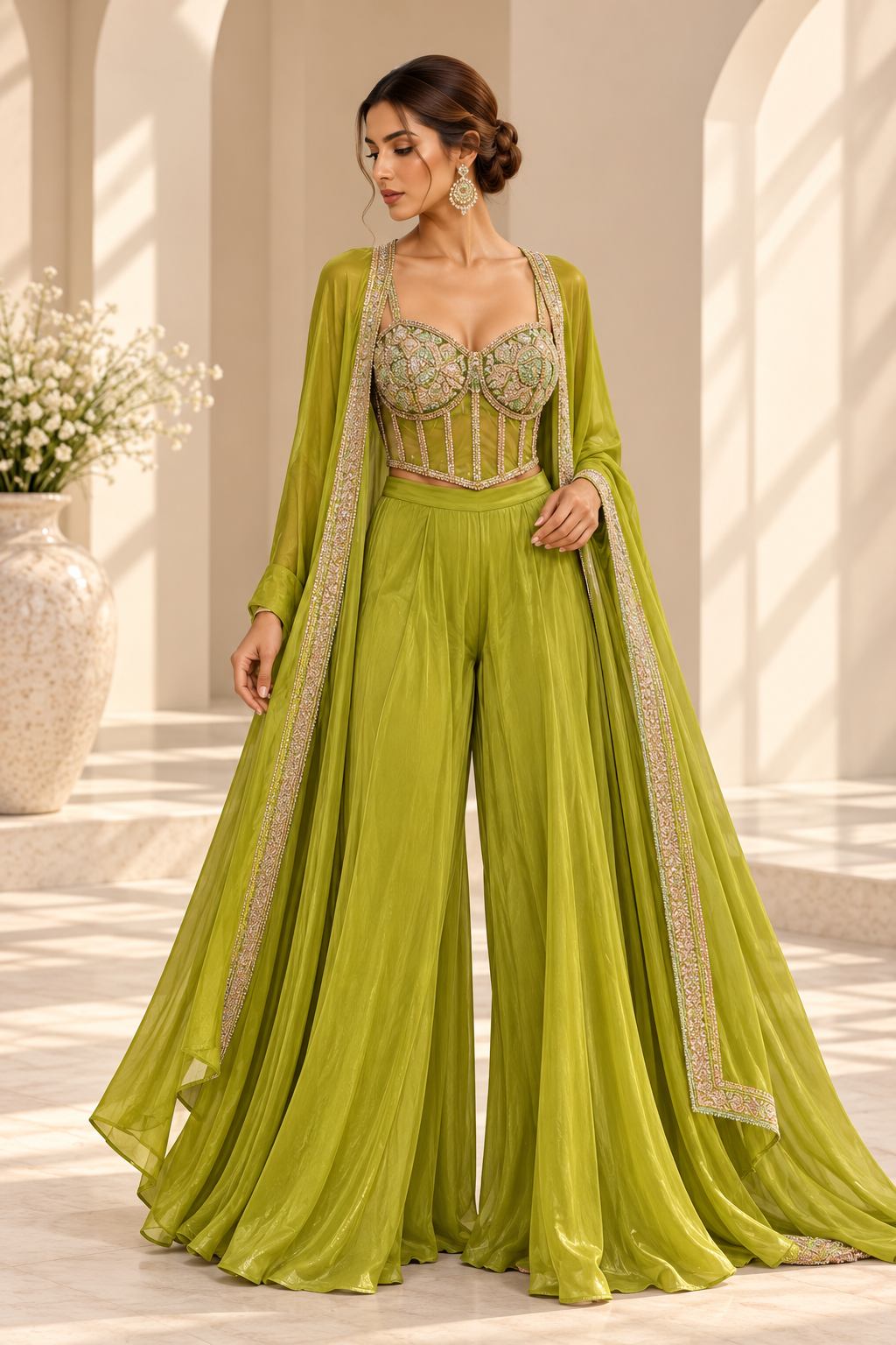 Inaya Lime Green Palazzo Set met Luxe Corset Top & Cape