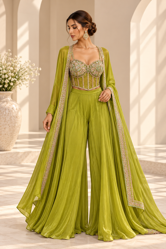 Inaya Lime Green Palazzo Set met Luxe Corset Top & Cape