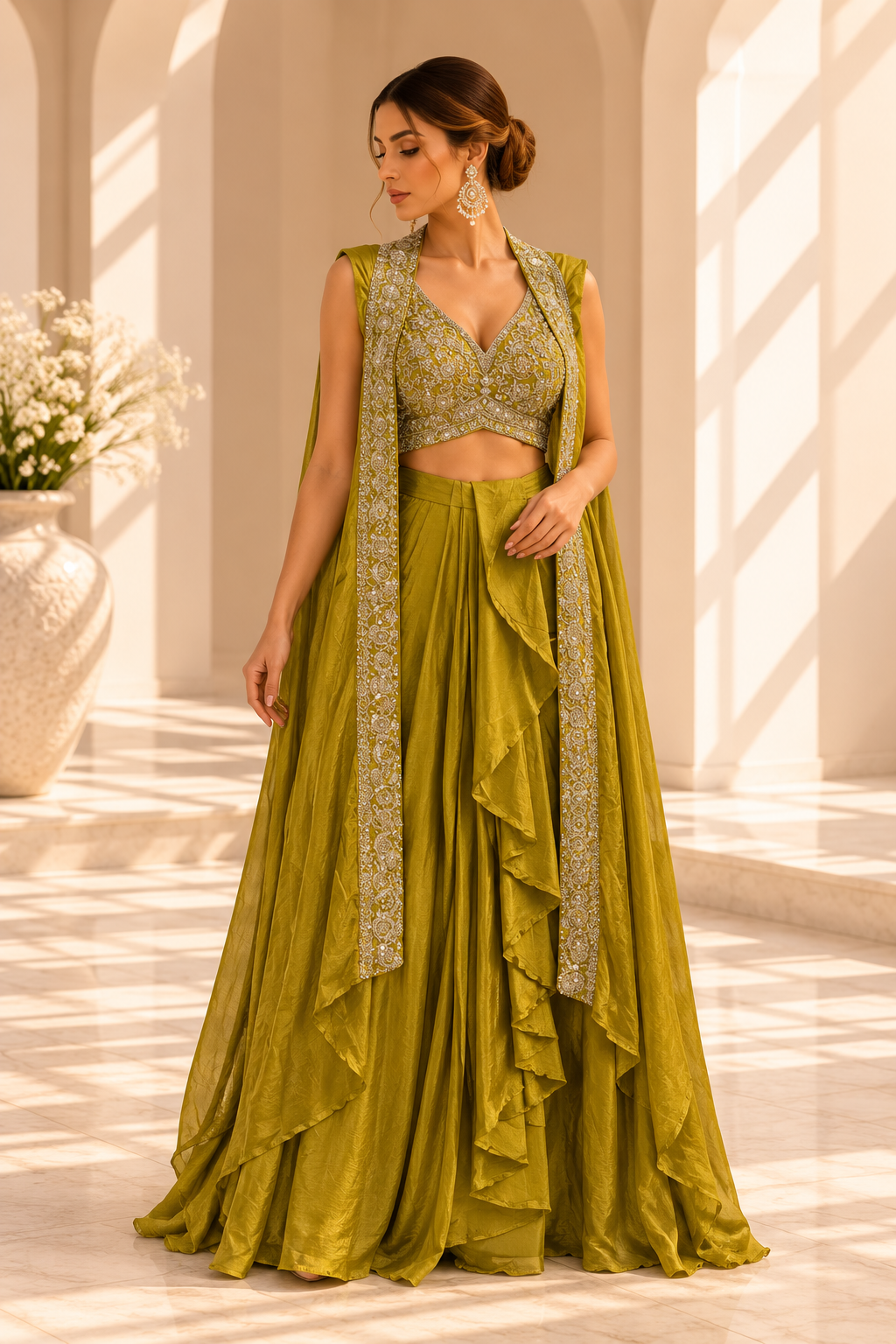 Avani Olive Green Lehenga Set met Ruffles & Borduurwerk