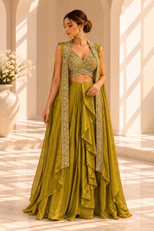 Avani Olive Green Lehenga Set met Ruffles & Borduurwerk