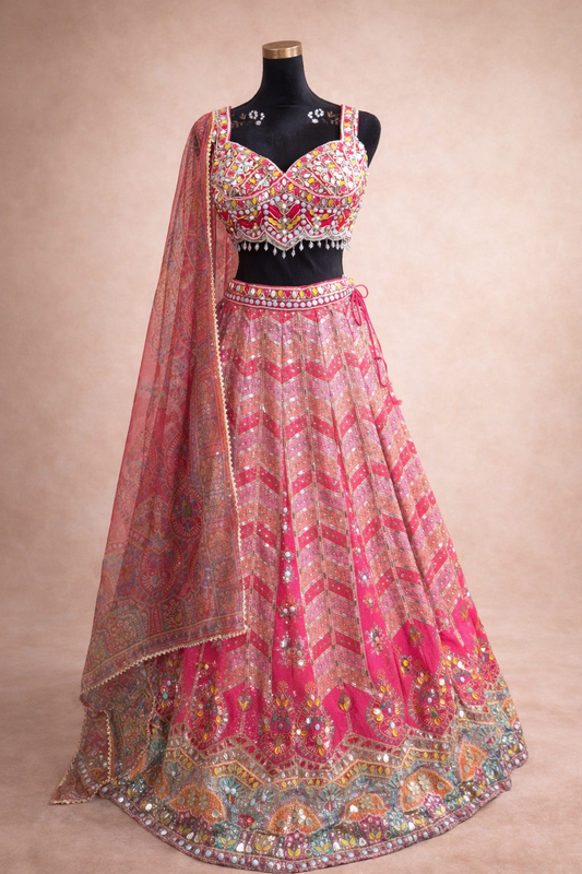 3D Lehenga Roze met Multicolor Borduurwerk – Luxe Feestoutfit met Dupatta