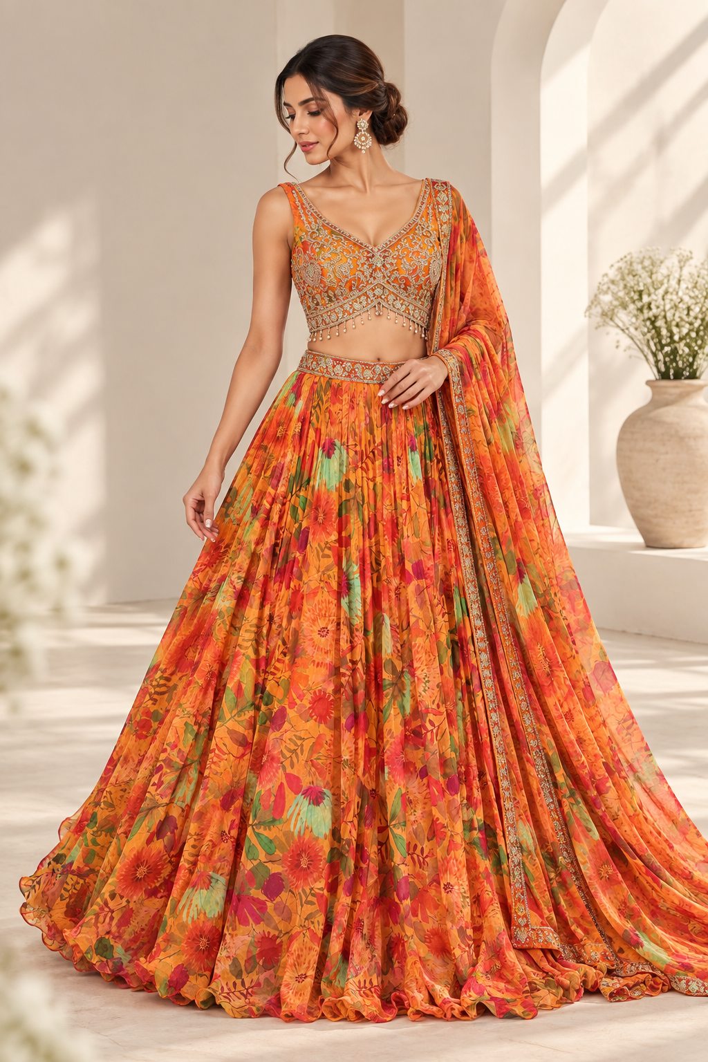 Zoya Orange Floral Lehenga met Geborduurde Blouse