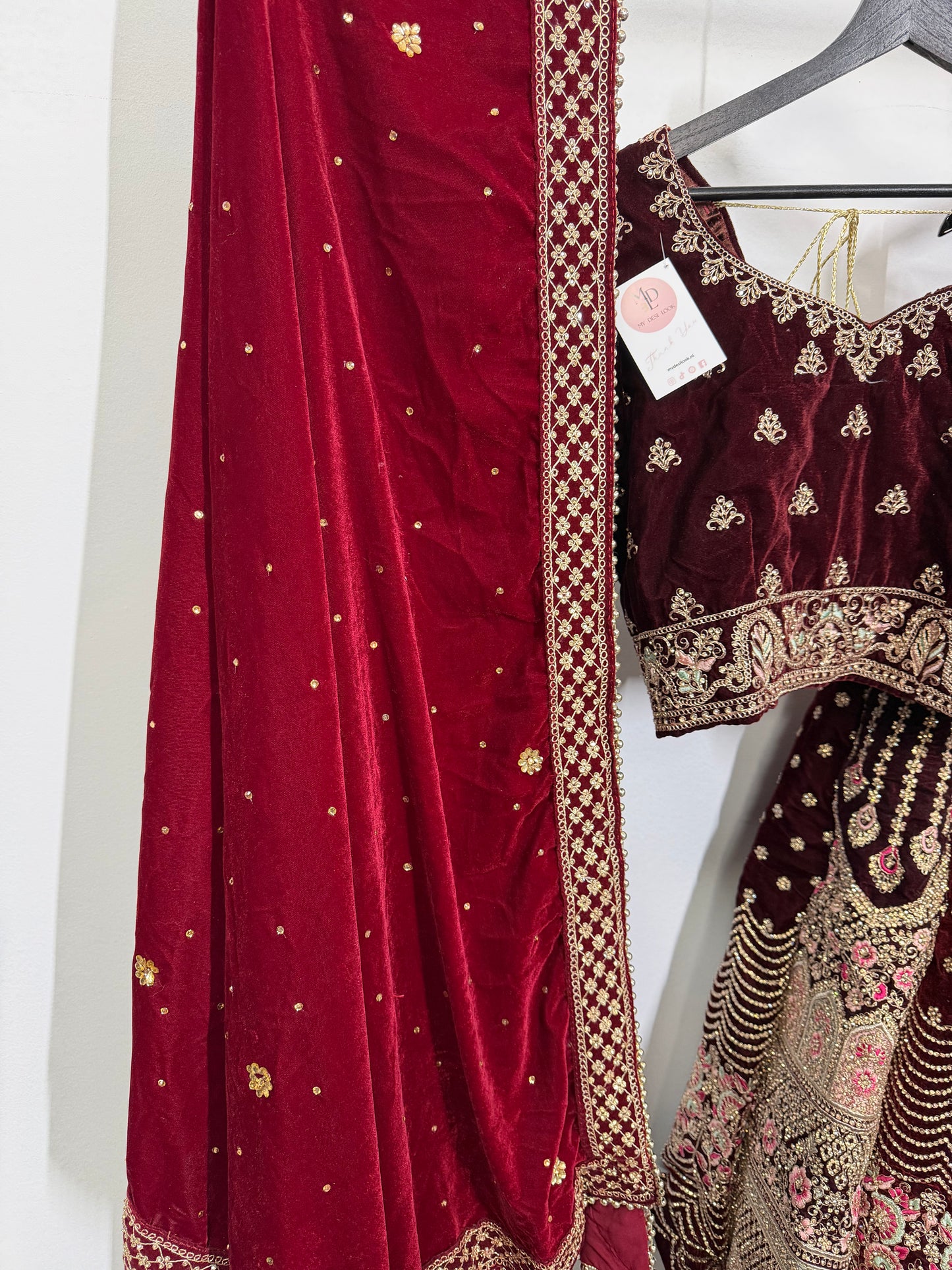 Maroon Velvet Embroidered Lehenga