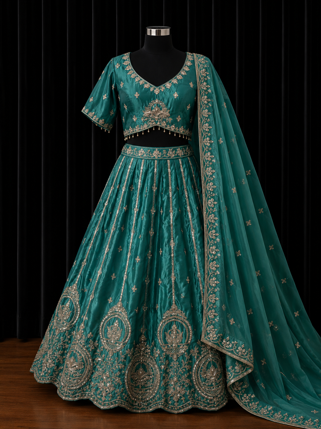 Teal Blue Embroidered Lehenga Set Plus Size 46+