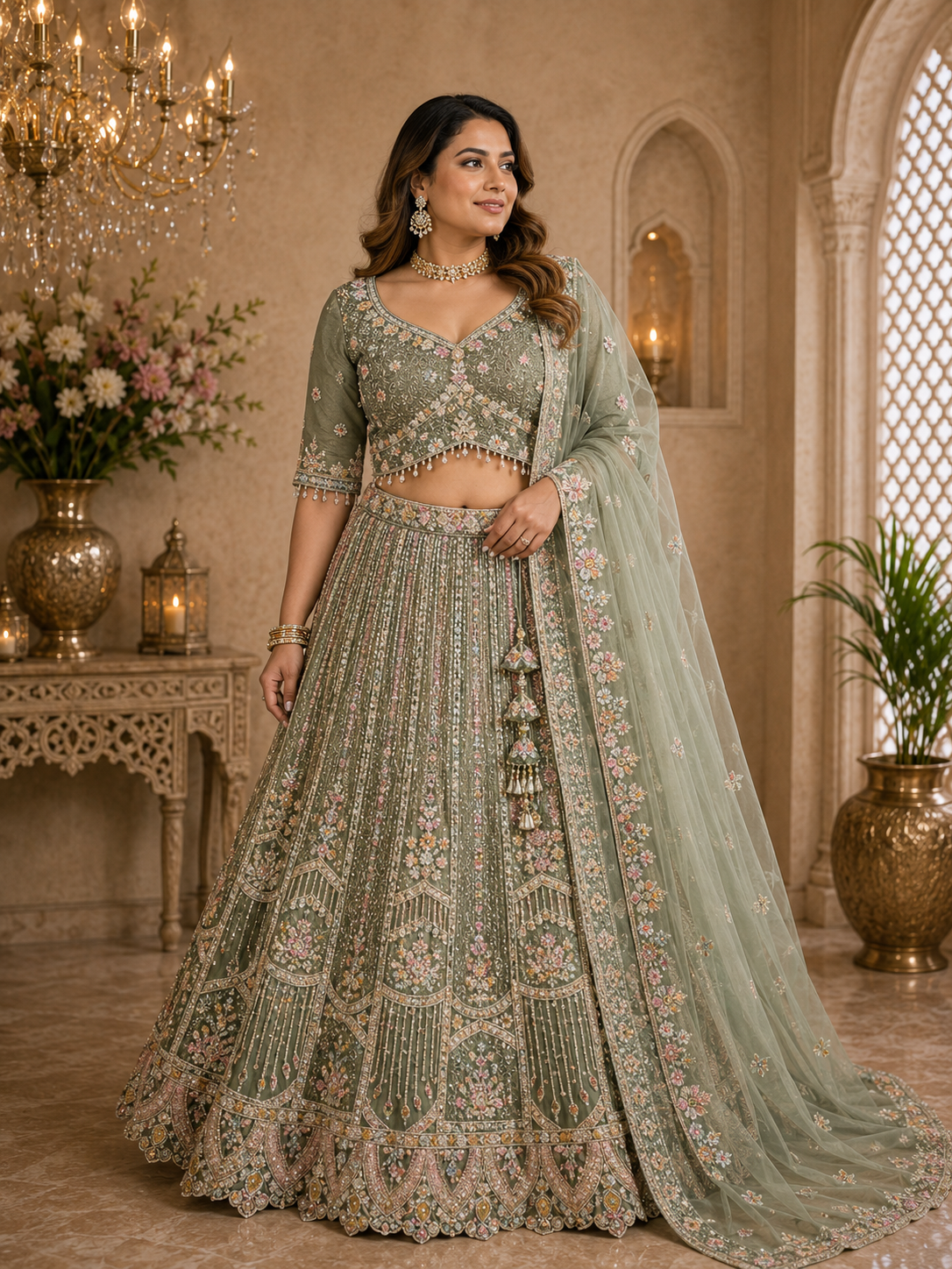 Sage Green Floral Lehenga Set Plus Size 46+