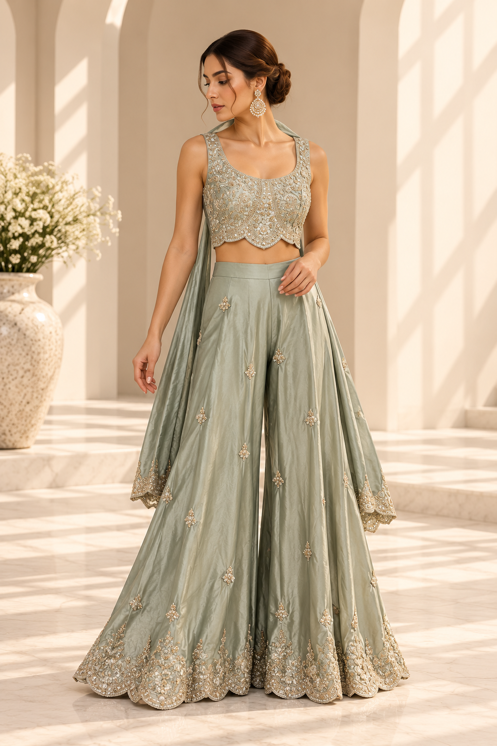 Sana Sage Green Palazzo Set met Geborduurde Top & Dupatta