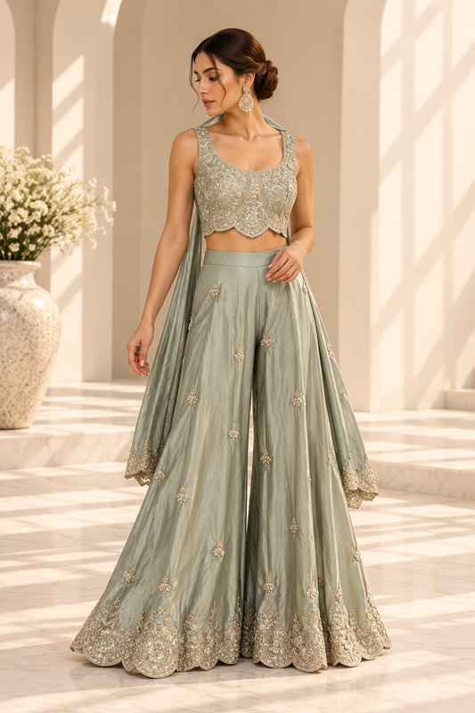 Sana Sage Green Palazzo Set met Geborduurde Top & Dupatta