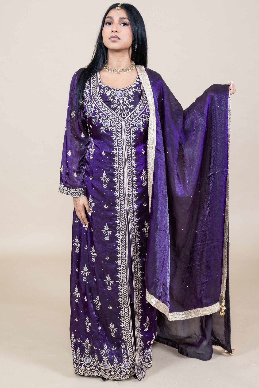 Luxe Anarkali met steentjes Set met Dupatta – Indiase Feestoutfit (Paars of Donkergroen)