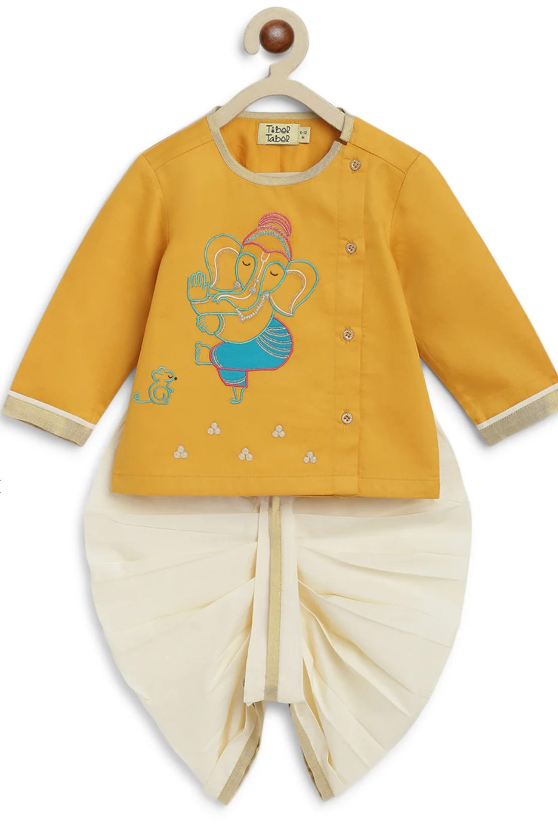 Gele kinderset met Ganesha borduursel – traditionele Indiase outfit jongens
