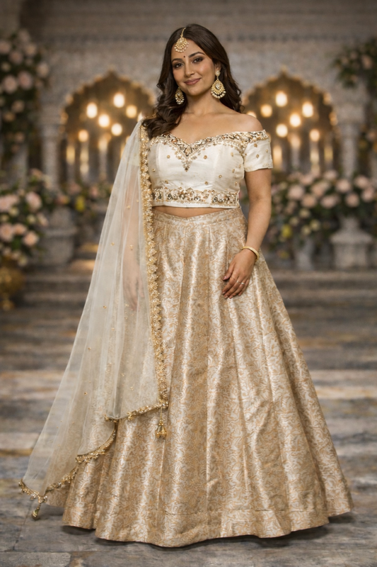 Champagne Ivoor Lehenga Set met Goud Borduurwerk