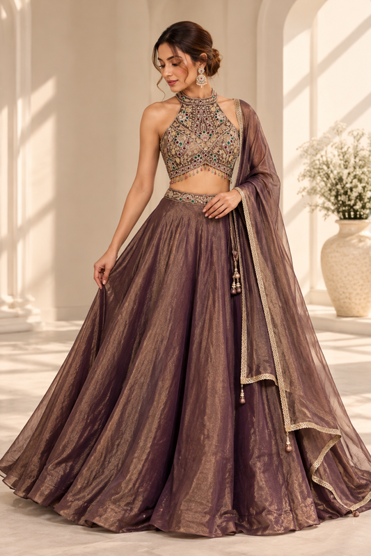 Amara Mauve Lehenga met Luxe Halter Blouse