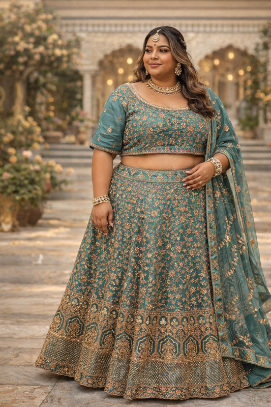 Petrolgroene lehenga met koperborduurwerk