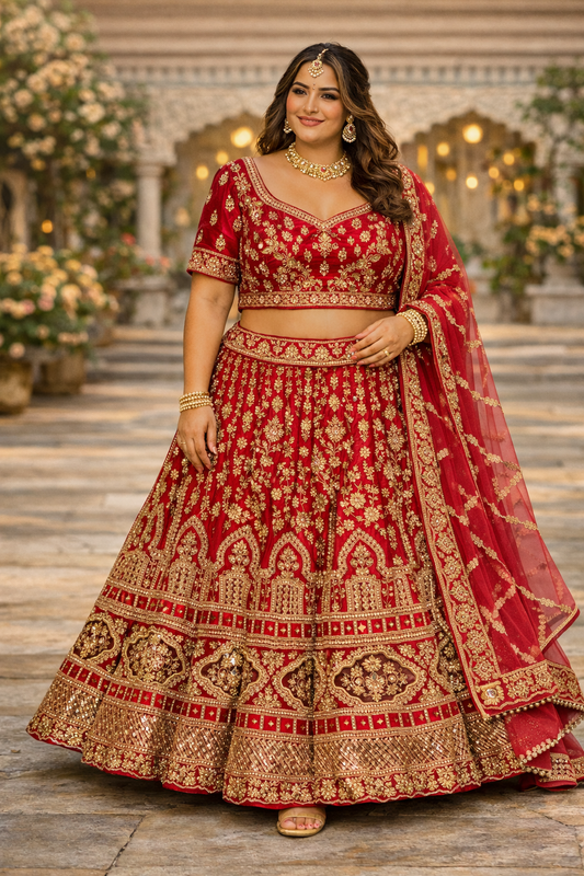 Dieprode bridal lehenga met goud