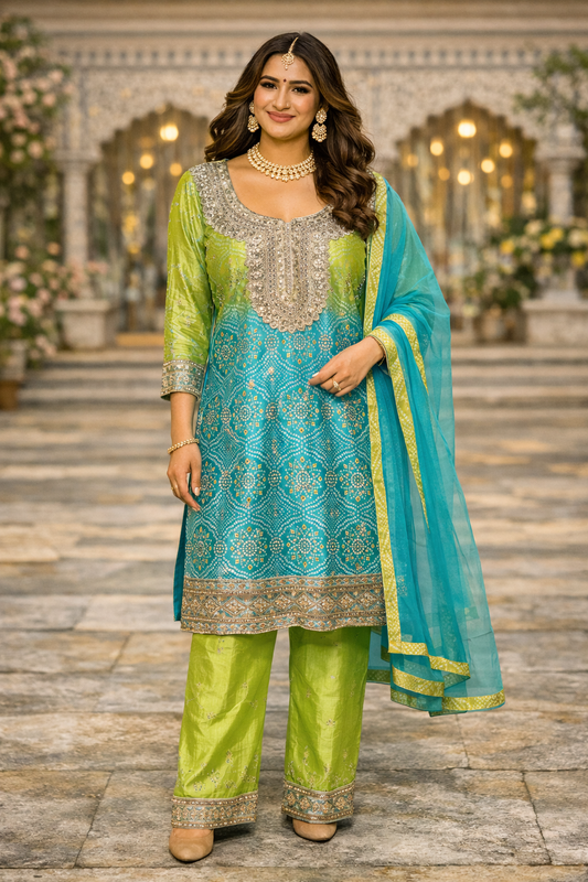 Groen-blauwe Banarasi sharara set – Indiase broekpak