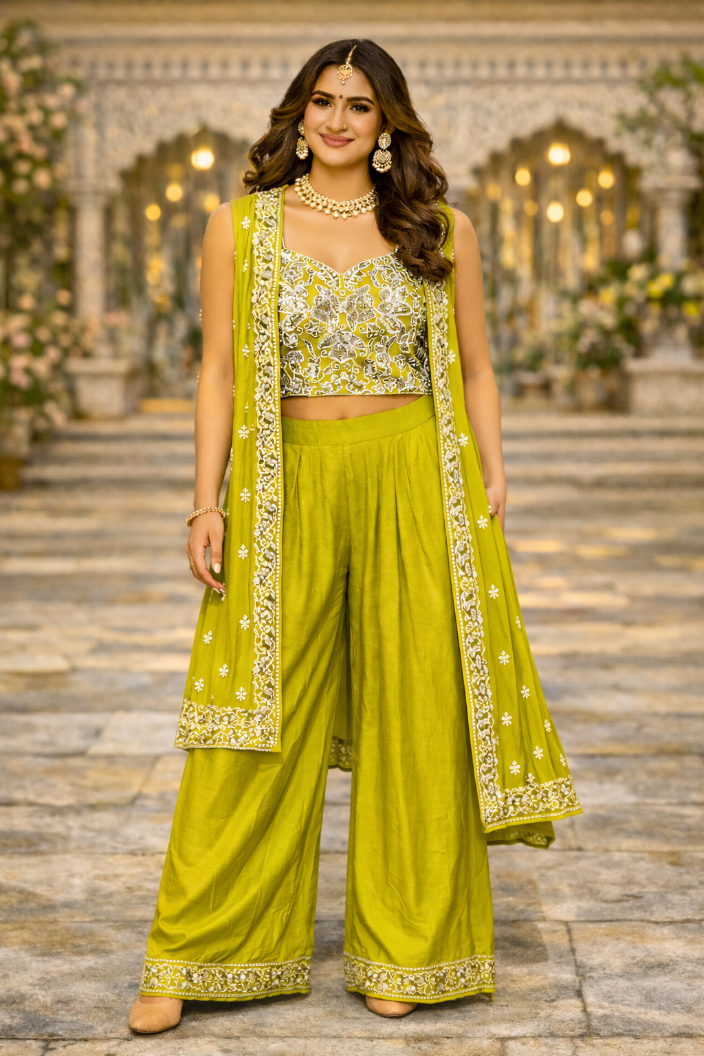 Limegroene lehenga set met vest