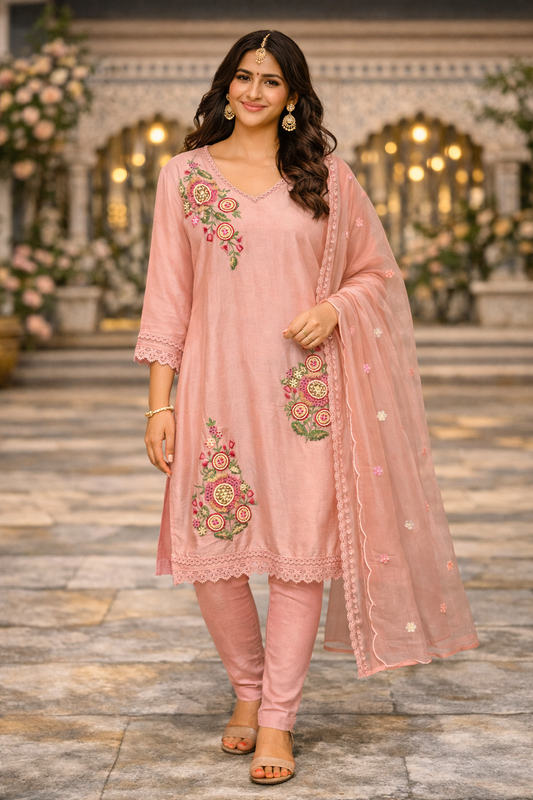 Zalmroze Desi Suit met Borduurwerk dames kurti