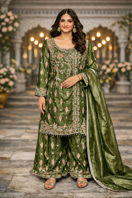 Sharara set met roze borduursels – traditionele Pakistaanse outfit