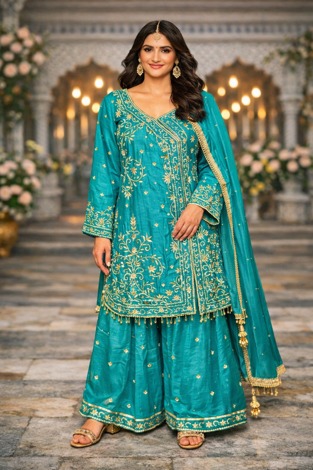 Sharara set met gouden borduurwerk – luxe Pakistaanse feestjurk