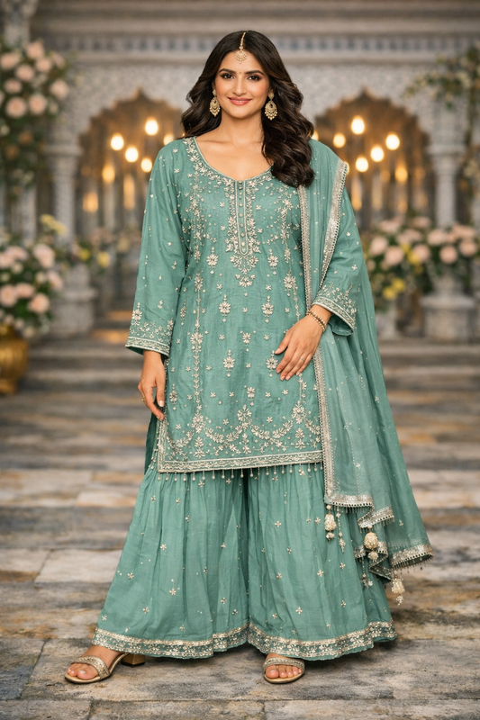 Sharara set met zilveren borduurwerk – elegante Pakistaanse feestjurk