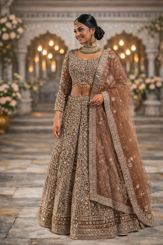 Mocha Rose Heavy Embroidered Lehenga