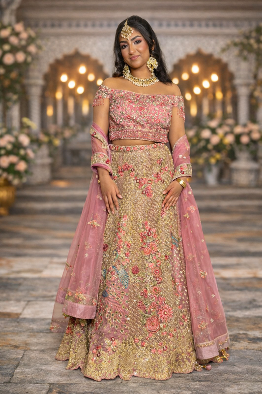 Luxe Roze & Gouden Lehenga Set met Borduursel – Off-Shoulder Outfit voor Bruiloft & Feest