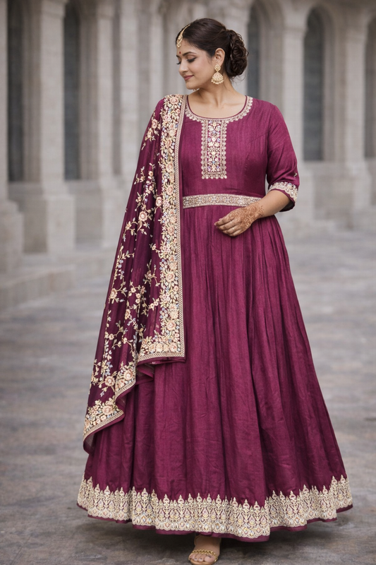 Bordeauxrode Anarkali Jurk met Dupatta
