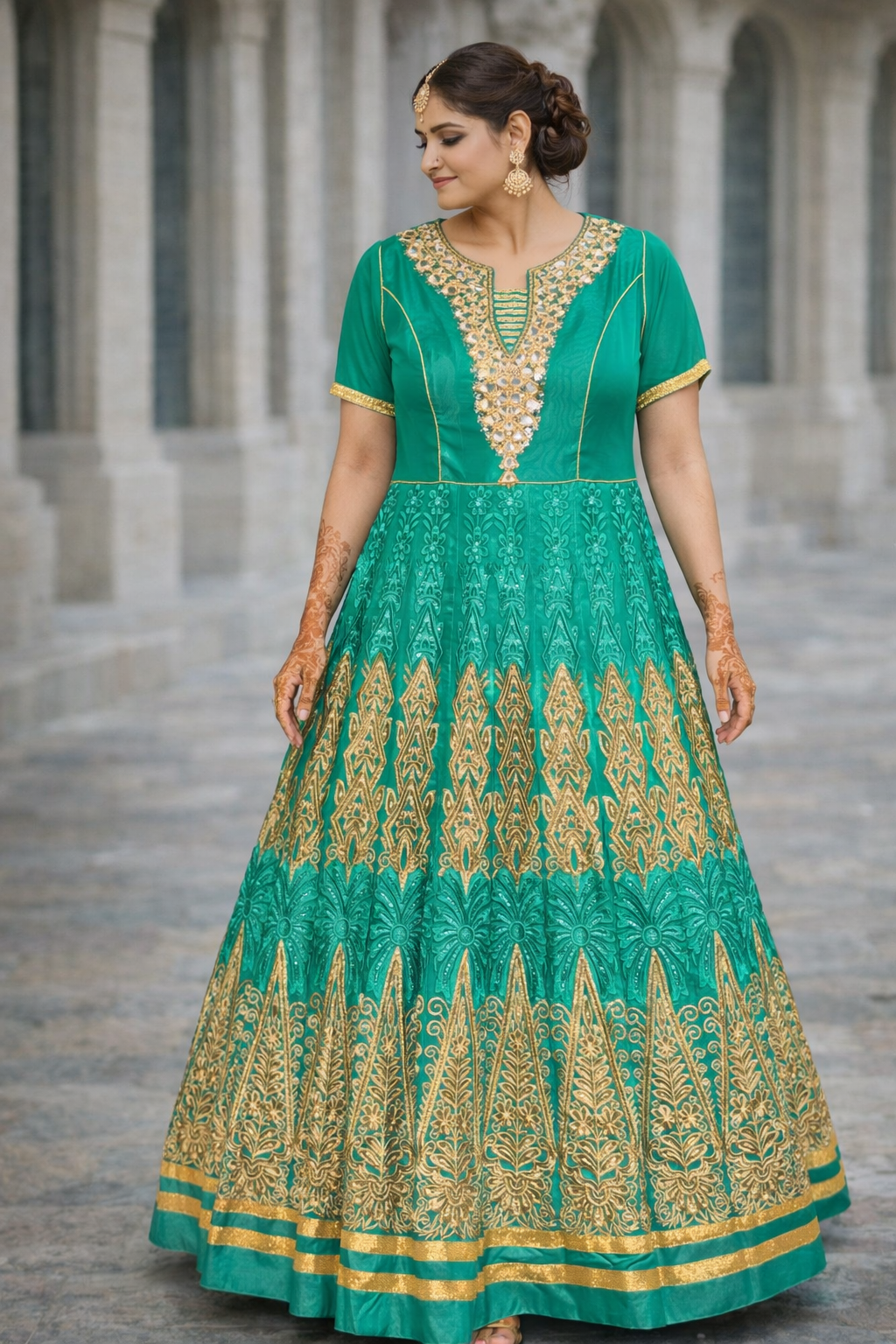 Groene Anarkali Set met Goud Details