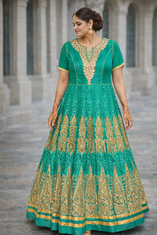 Groene Anarkali Set met Goud Details