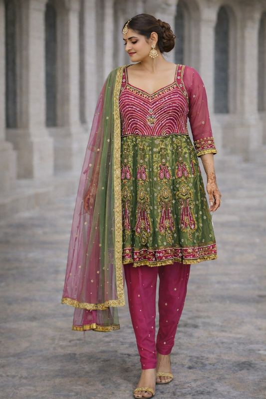 Fuchsia & Groen Punjabi Suit met Handwerk