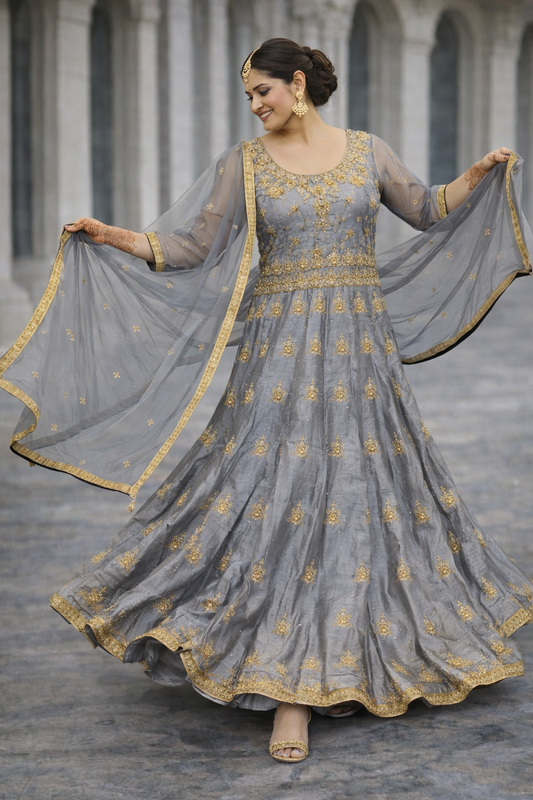 Grijze Anarkali met Gouden Borduurwerk & Dupatta
