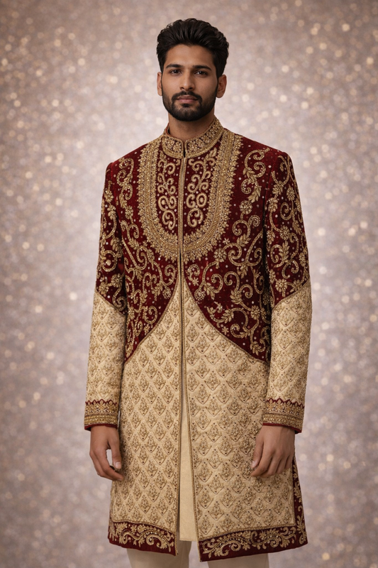 Velvet Sherwani Rood & Crème – Heavy Embroidered