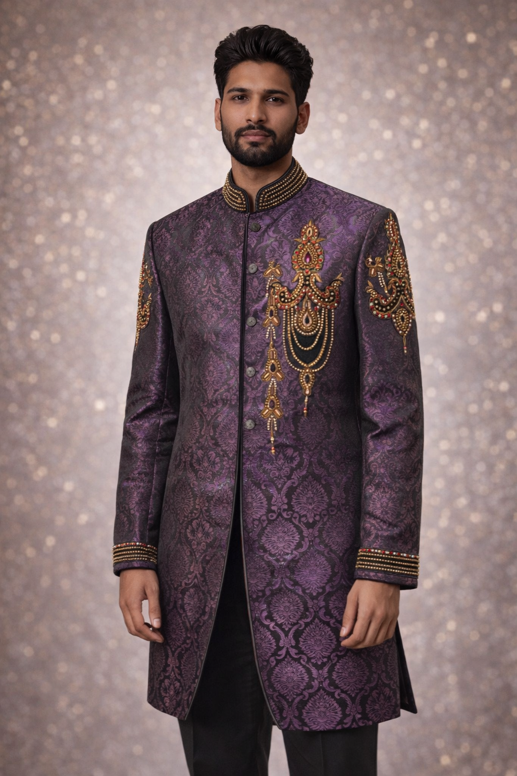 Purple Sherwani met Handgemaakte Stonework Motieven