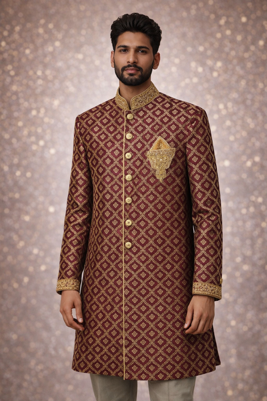 Maroon Sherwani met Goud Brokaat
