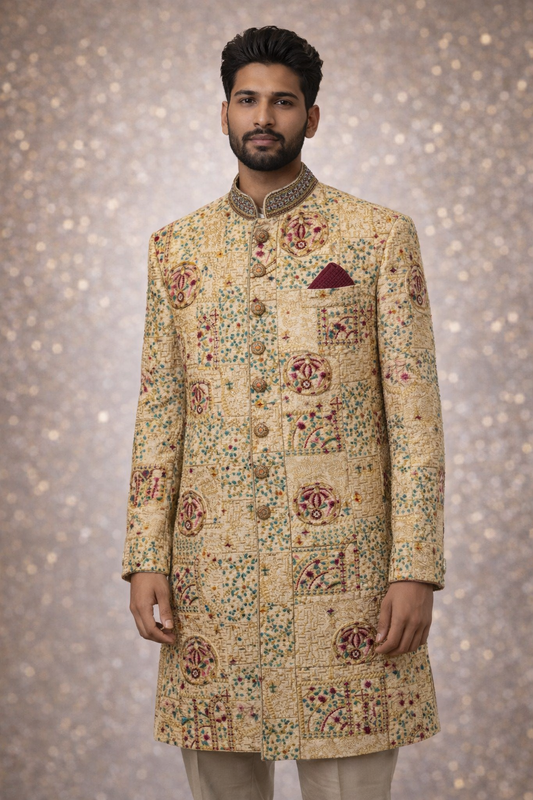 Beige Sherwani met Patchwork Embroidery