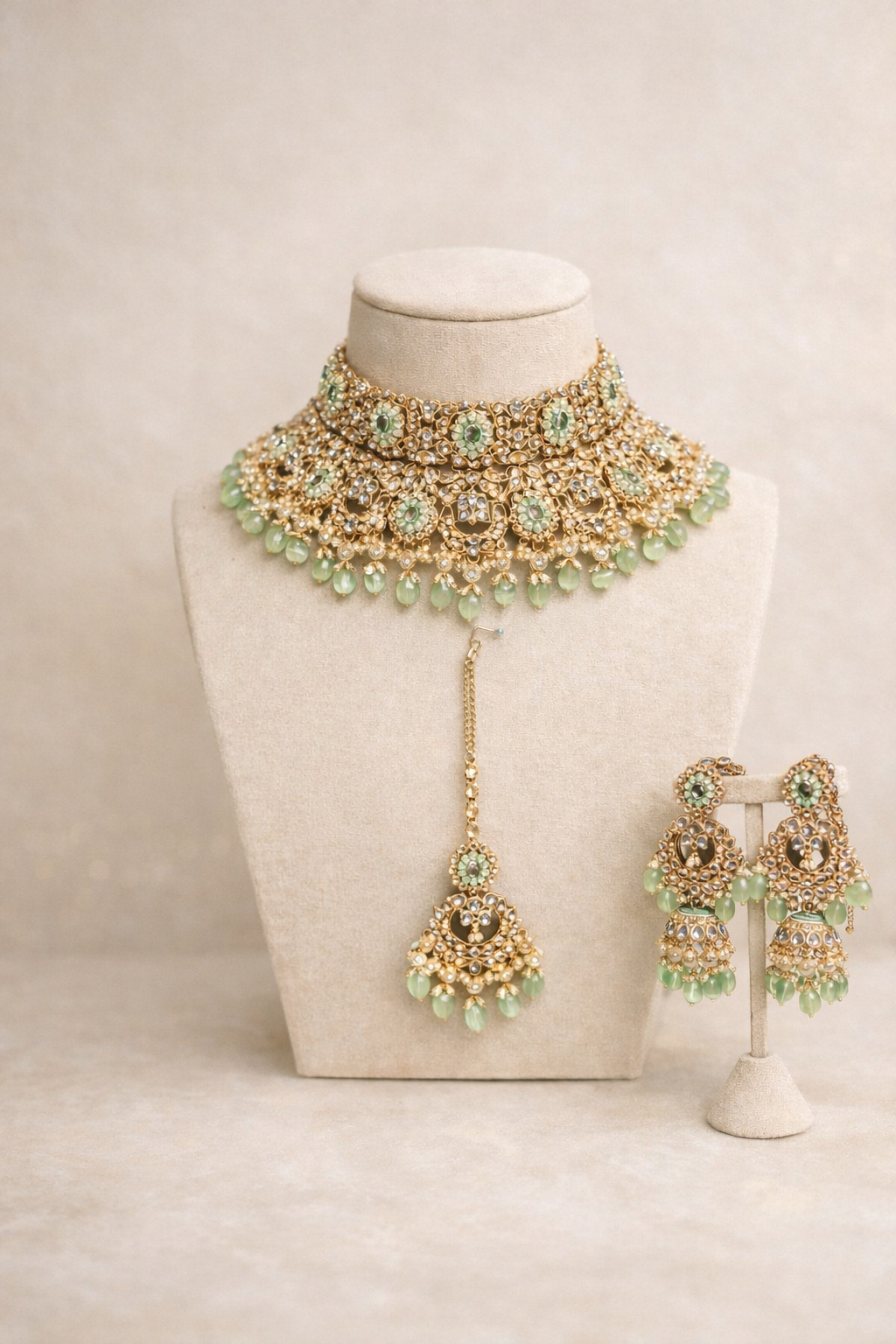 Mintgroene Kundan Kettingset met Parel en Glaskralen