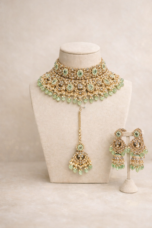 Mintgroene Kundan Kettingset met Parel en Glaskralen