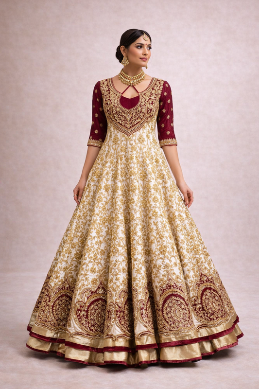 Crème Bordeaux Bridal Jurk met Goud Borduurwerk