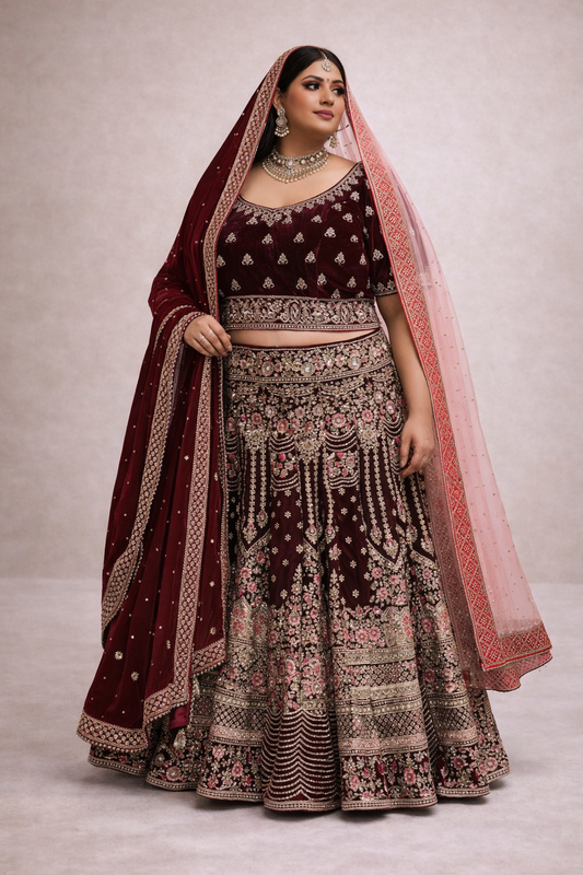 Maroon Velvet Embroidered Lehenga