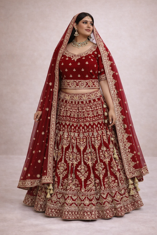 Dieprode Velvet Bridal Lehenga