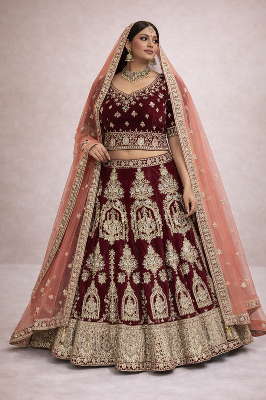 Bordeaux bridal lehenga met perzik dupatta