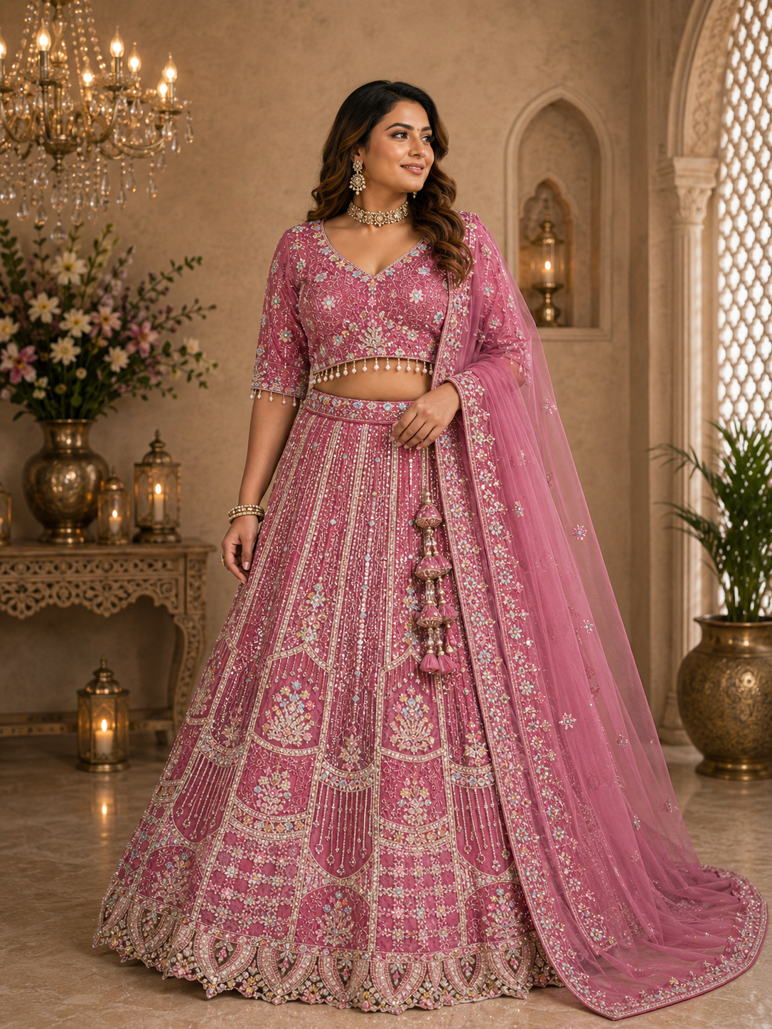 Dusty Rose Party Wear Lehenga Plus Size 46+