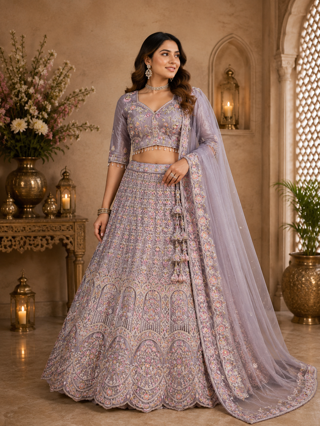 Lavender Embroidered Lehenga Set Plus Size 46+