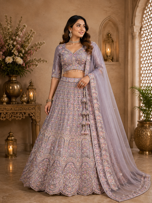 Lavender Embroidered Lehenga Set Plus Size 46+
